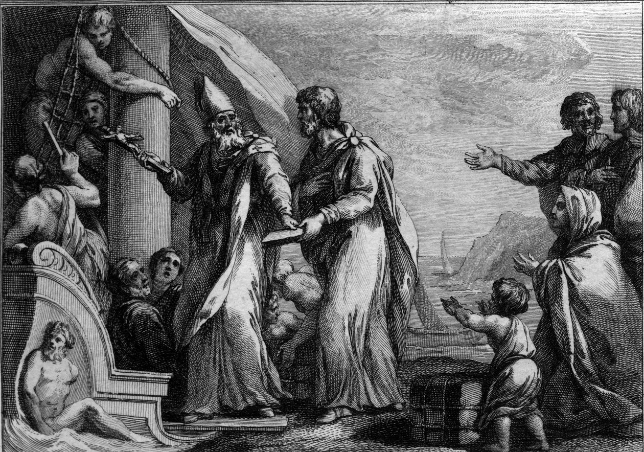 Besök av Saint Germain the Auxerrois i England, omkring 430: Saint Germain (cirka 378-448), Auxerre eveque, som kom för att bekämpa pelagianism, ansågs vara kätteri. Gravyr av 1700-talet. av French School