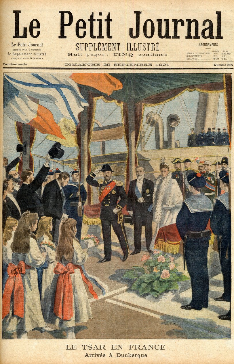 Besök av tsar Nicholas II av Ryssland i Frankrike Första sidan i tidningen "Le Petit Journal" den 29 september 1901 (gravyr) av French School
