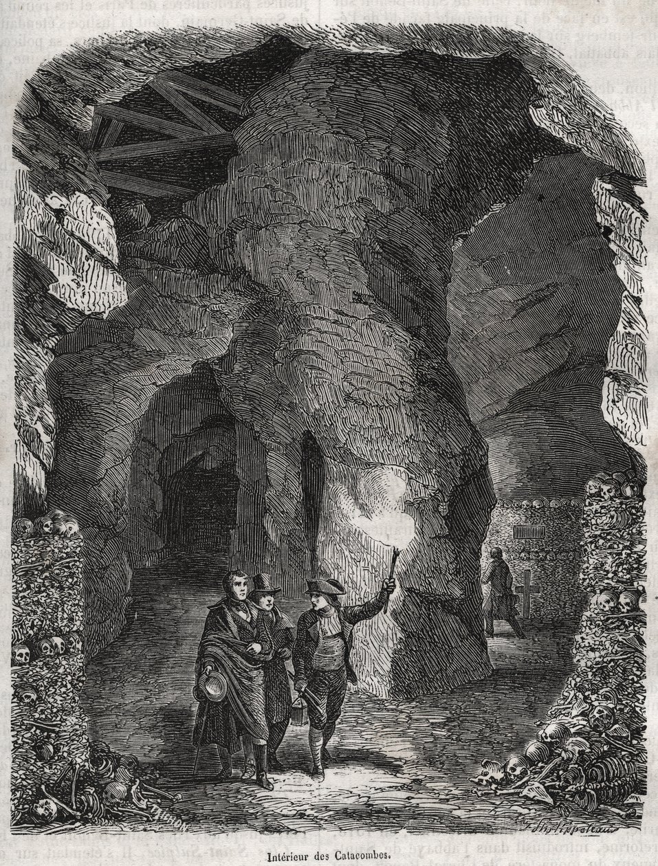 Besök av katakomberna i Paris på 1800-talet - Gravering i "" Fysisk, civil och moralisk historia i Paris: från de tidigaste historiska tiderna till idag" av Jacques Antoine Dulaure av French School