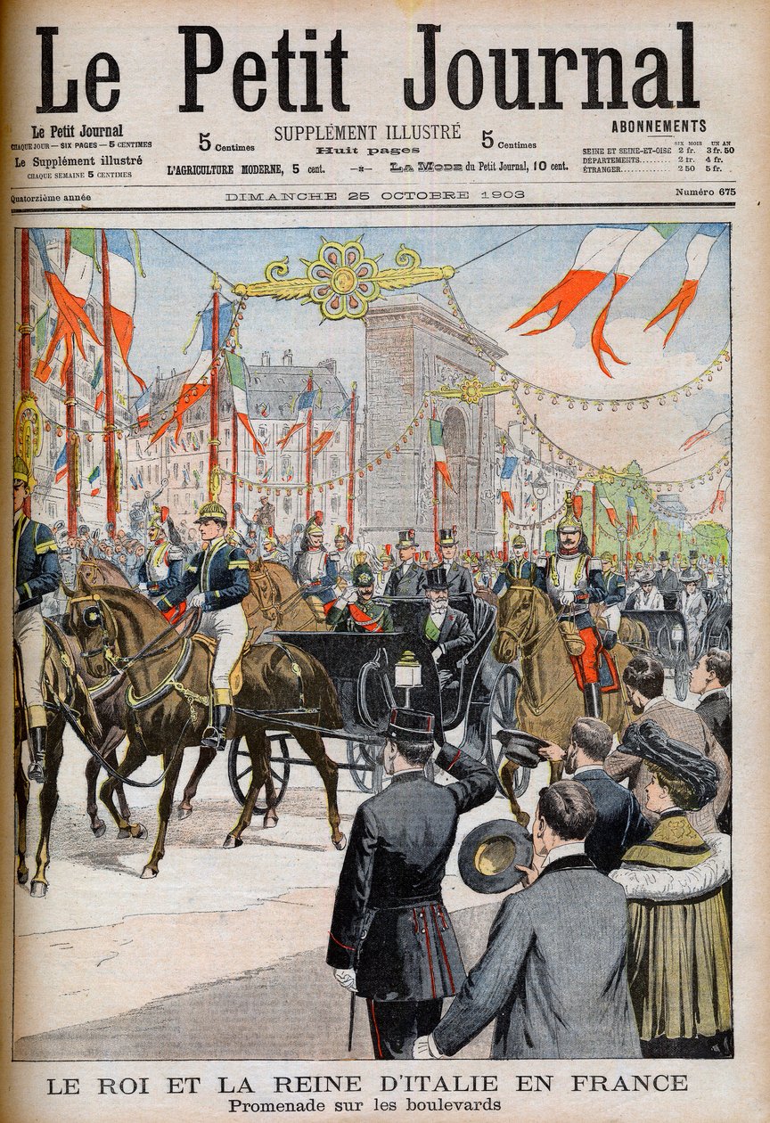 Besök av kungen och drottningen av Italien i Frankrike. Kungen och drottningen av Italien i Frankrike. Promenad på boulevarderna med Frankrikes president Emile Loubet - Illustration för Le petit Journal, 25 oktober 1903 - Victor Emmanuel III (Victor-Emma av French School