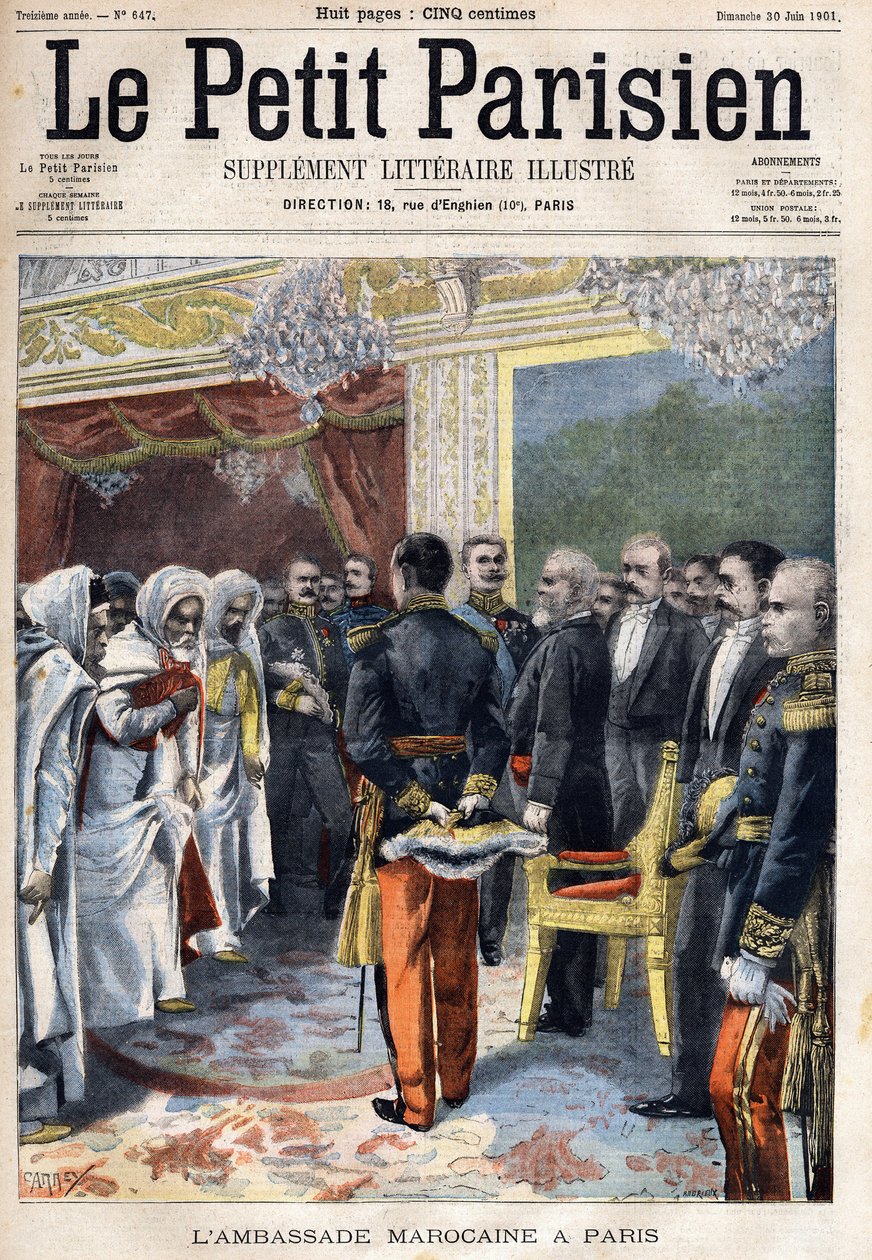 Besök av den marockanska ambassaden mottaget av Frankrikes president Emile Loubet (1838-1929) i Paris, i "Le Petit Parisien"" den 30/06/1901 (gravyr) av French School
