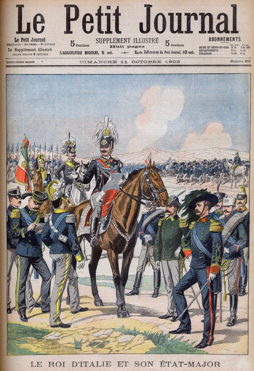 Vittorio Emanuele III di Savoia - kung Victor Emmanuel III av Italien och hans generalstab. Kungen av Italien och hans stab. Illustration för Le petit Journal av French School
