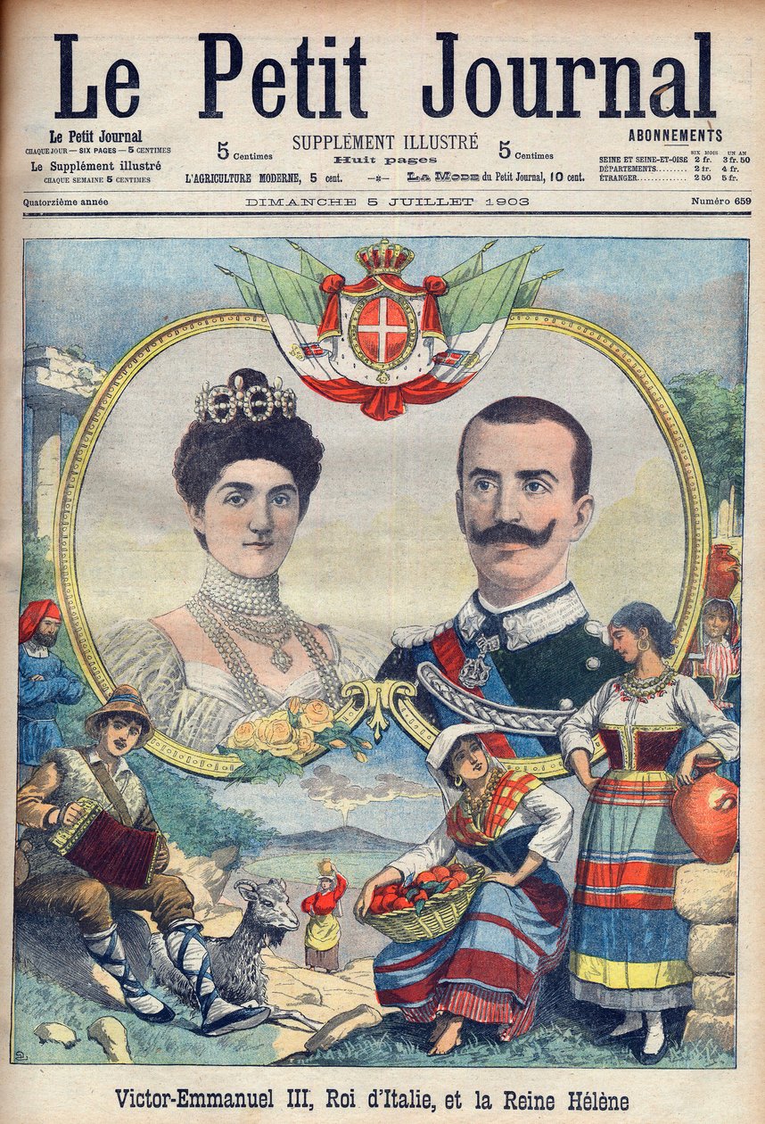 Vittorio Emanuele III di Savoia och Elena di Savoia - kung Victor Emmanuel III och drottning Elena av Italien. Victor Emmanuel III, kung av Italien, och drottning Helene. Illustration för Le petit Journal, 5 juli 1903. av French School