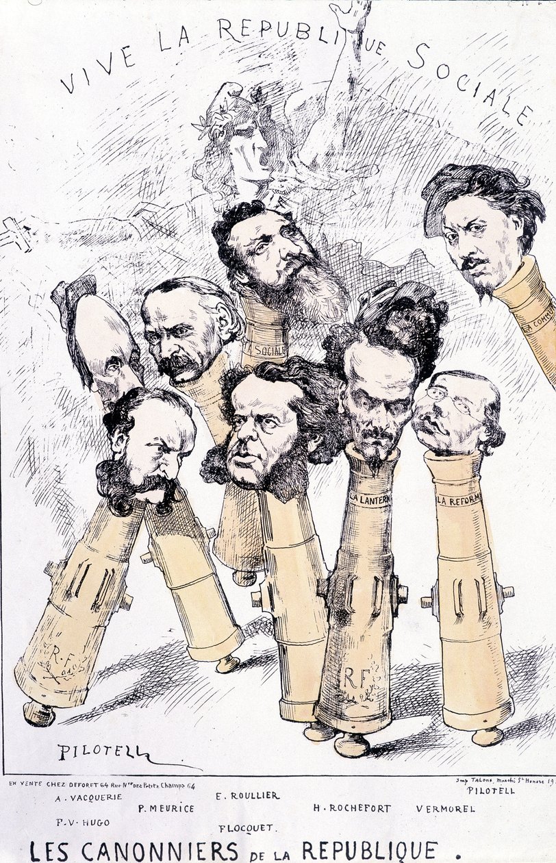 Länge leve den sociala republiken - Republikens kanonbåtar: A. Vacquerie, F.V. Hugo, P. Meurice, E. Roullier, Flocquet, H. Rochefort, Vermorel, Pilotell. Tecknad serie. av French School
