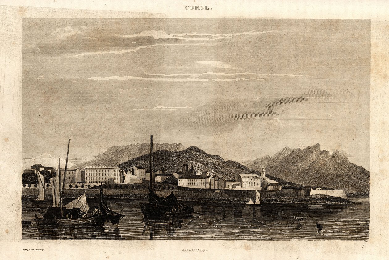 Vy över Ajaccio, Korsika, gravyr från 1836. av French School