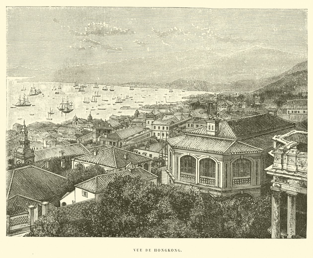 Vy över Hong Kong (gravyr) av French School