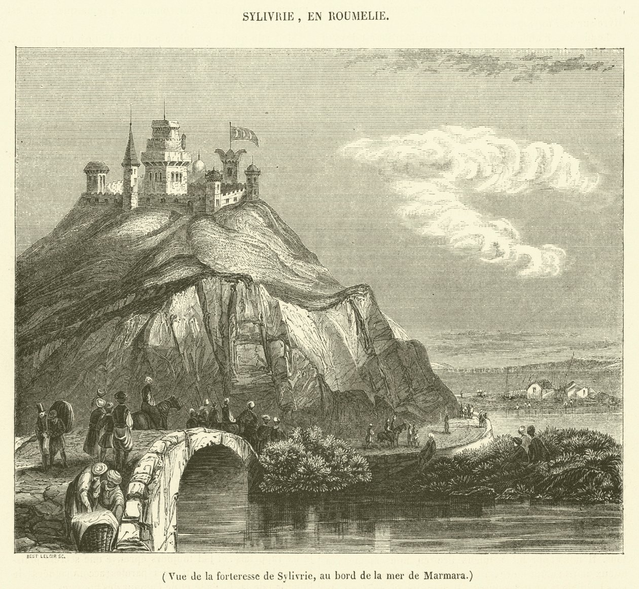 Vy över fästningen Sylivrie vid Marmarahavets strand (gravyr) av French School