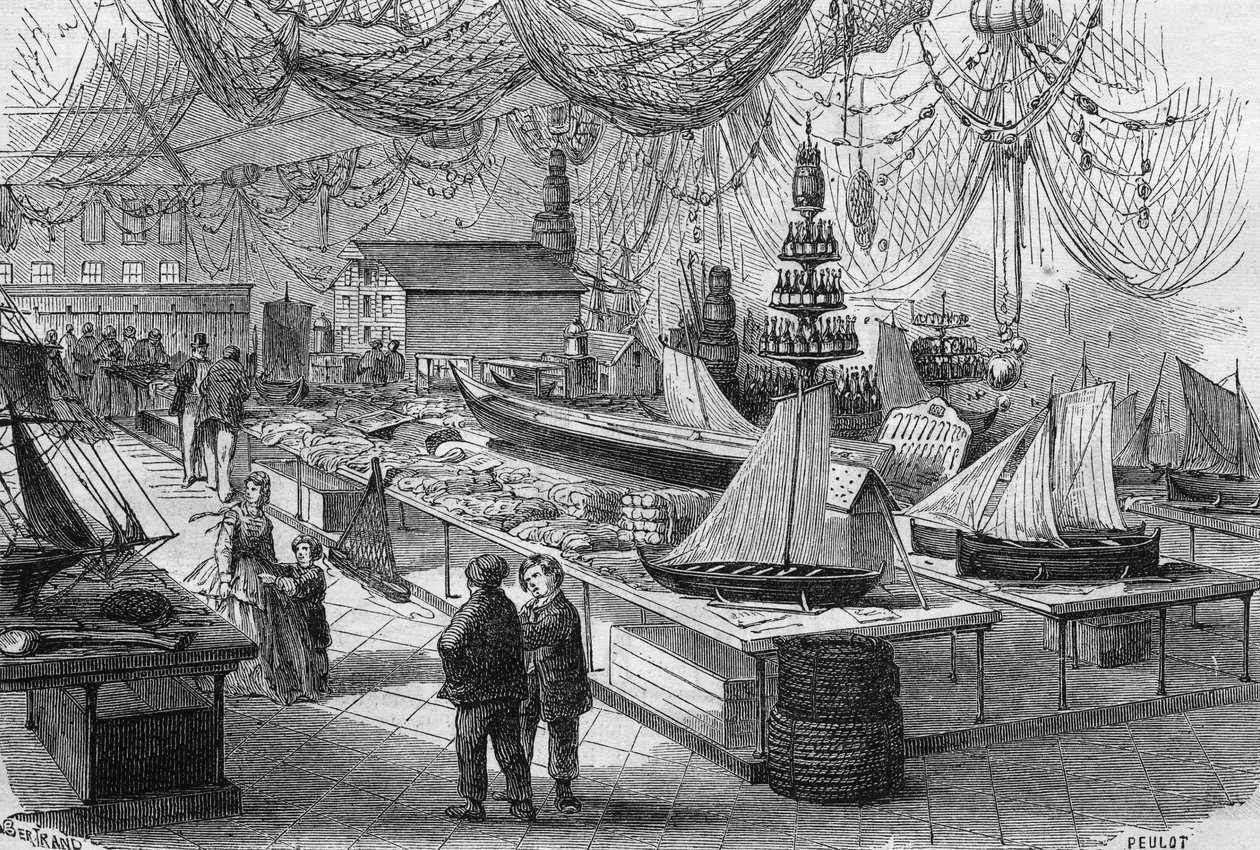 Utsikt över huvudgalleriet för den internationella marin- och fiskeutställningen i Boulogne sur Mer (Boulogne-sur-Mer), Pas de Calais (62) av French School