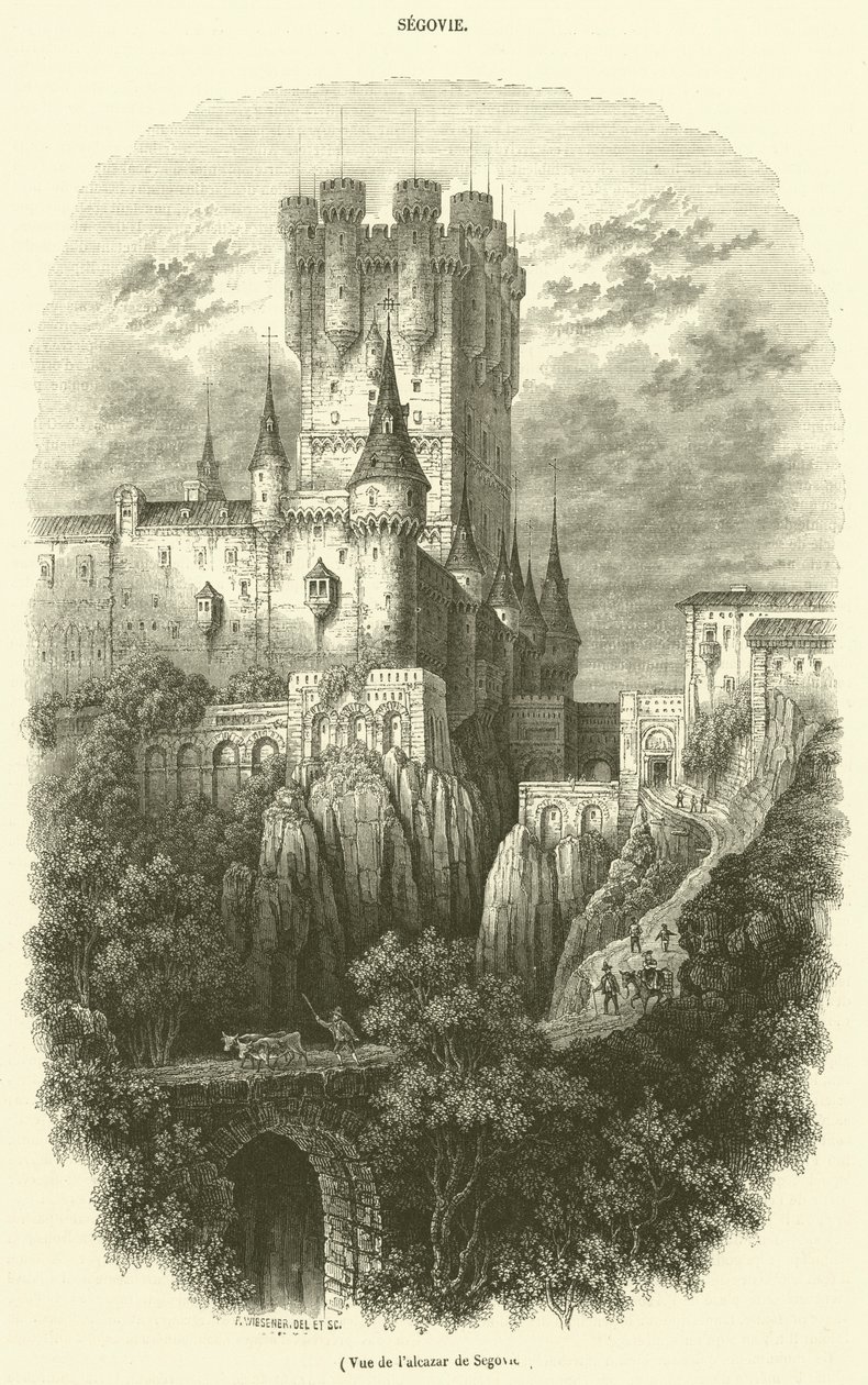 Utsikt över Alcázar i Segovia (gravyr) av French School
