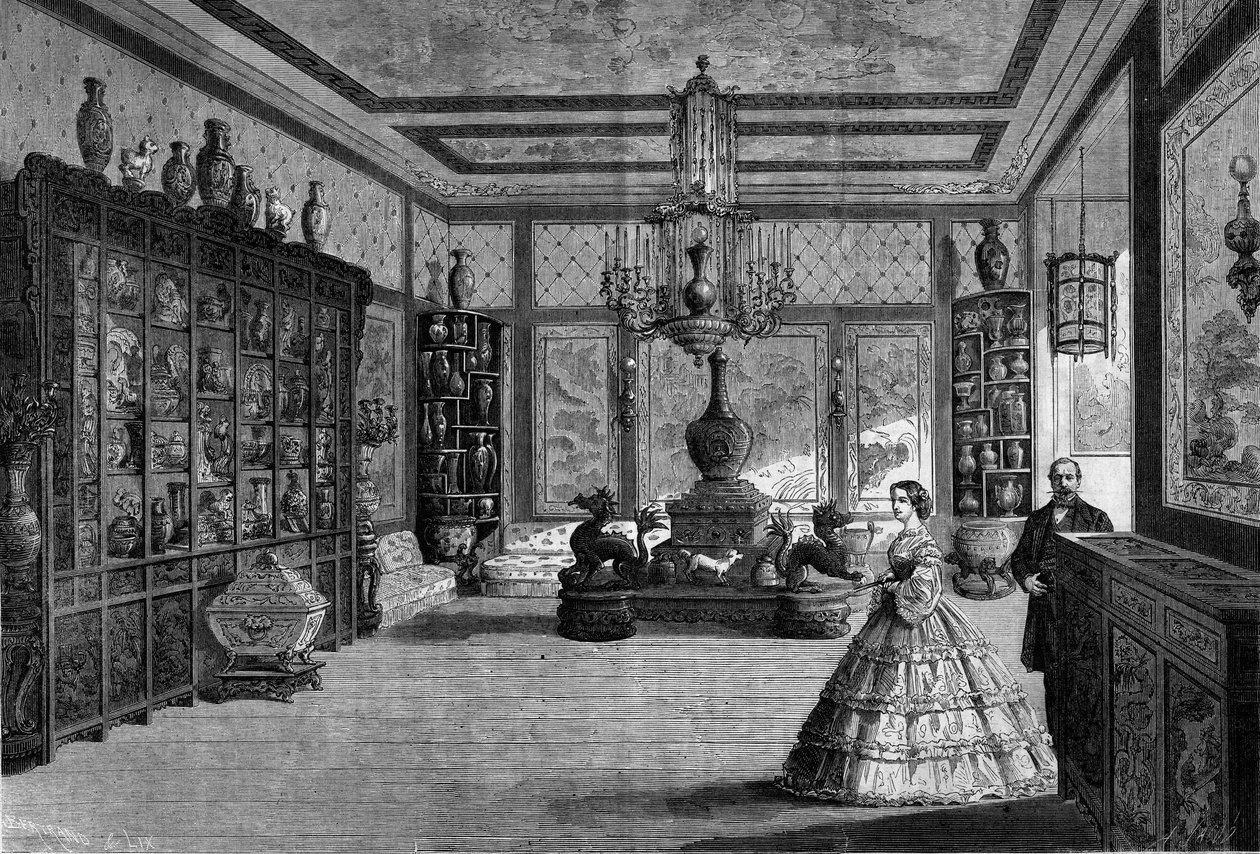 Utsikt över det kinesiska museet för kejsarinnan Eugenie de Montijo, installerat 1863 på Chateau de Fontainebleau. Gravyr i ""Le Monde Illustre"" nr 325 den 4 juli 1863. av French School
