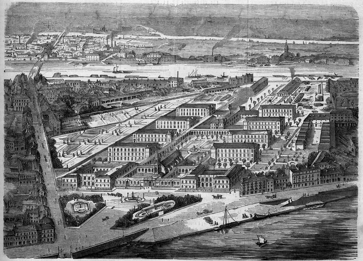 Exteriörvy av Hotel Dieu (Hotel-Dieu) i Nantes, invigt 1863. Detta sjukhus förstördes nästan helt under ett bombardemang 1943. Loire Atlantique (44). Gravyr i ""Le Monde Illustre"" nr 347 den 5 december 1863. av French School