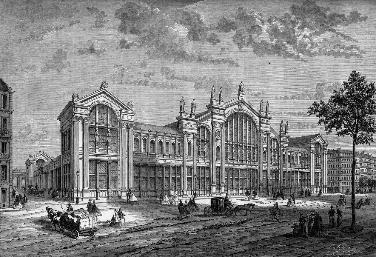 Exteriörvy av Gare du Nord i Paris, byggd av den franske arkitekten Jacques Hittorff (1792-1867) av French School