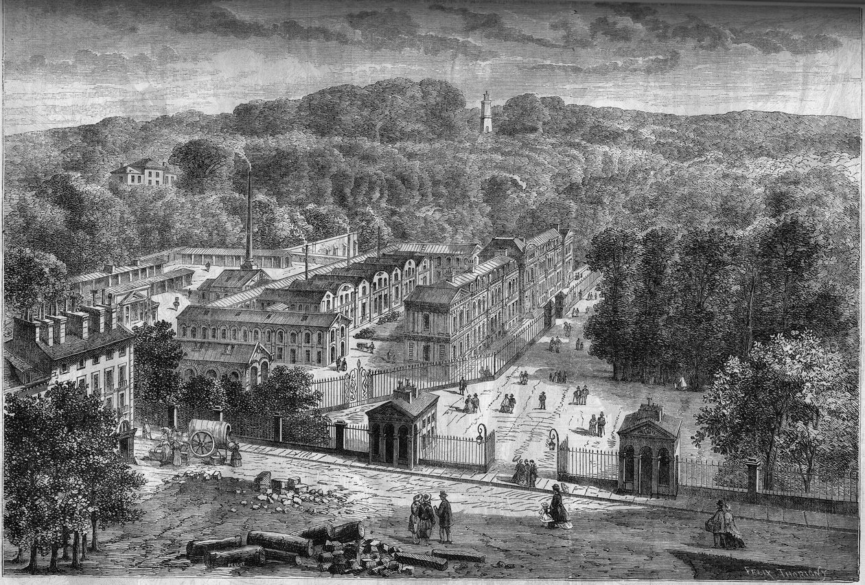 Exteriörvy av den kejserliga porslinsfabriken i Sevres, byggd i parken Saint Cloud enligt arkitekten Laudins planer av French School