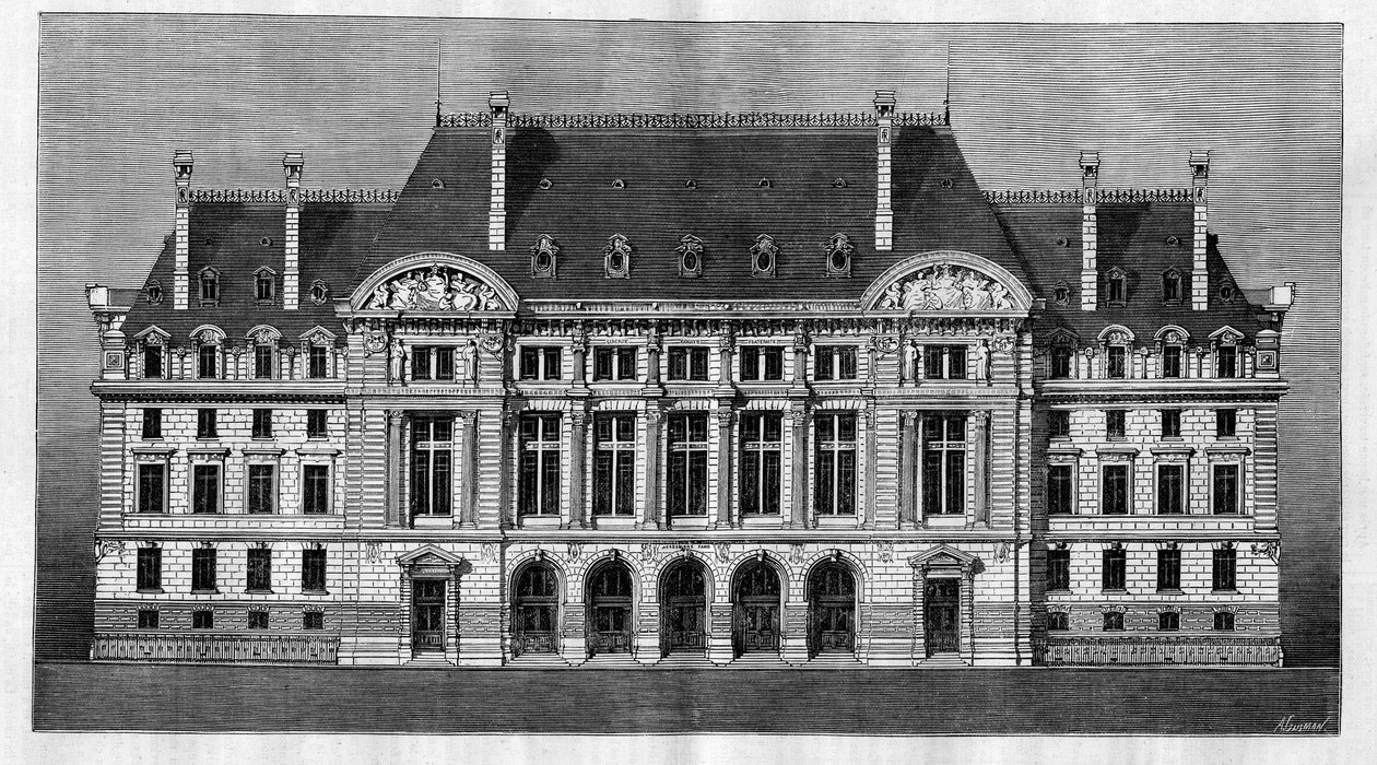 Exteriörvy av de nya byggnaderna på Sorbonne i Paris (huvudfasad) av Henri-Paul (Henri Paul) Nenot (1853-1934) av French School