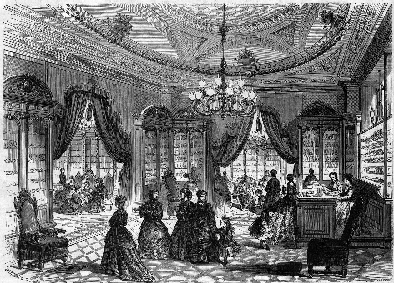 Interiörvy av Herberts skoaffär, 93 rue de Richelieu i Paris. Gravyr i ""Le Monde Illustre"" nr 613 den 9 januari 1869. av French School