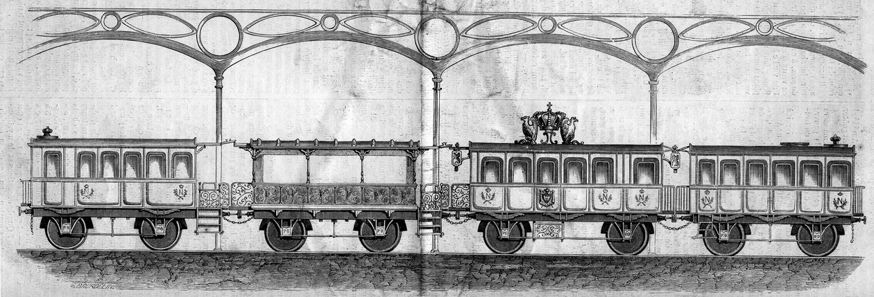 Vagnar ockuperade av kejsar Napoleon III (1808-1873) under resan från Paris till Cherbourg 1858. Gravyr i "" Le Monde Illustré"" nr 70 av 14 augusti 1858. av French School