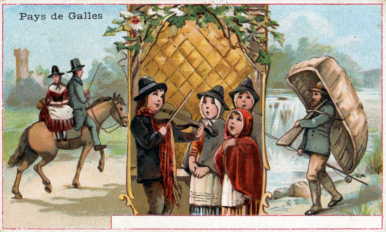 Wales, ett reklamkort för drycken Chicorée à la Bergère med skildringar av walesiskt liv, ca 1890 (se även 488432) av French School