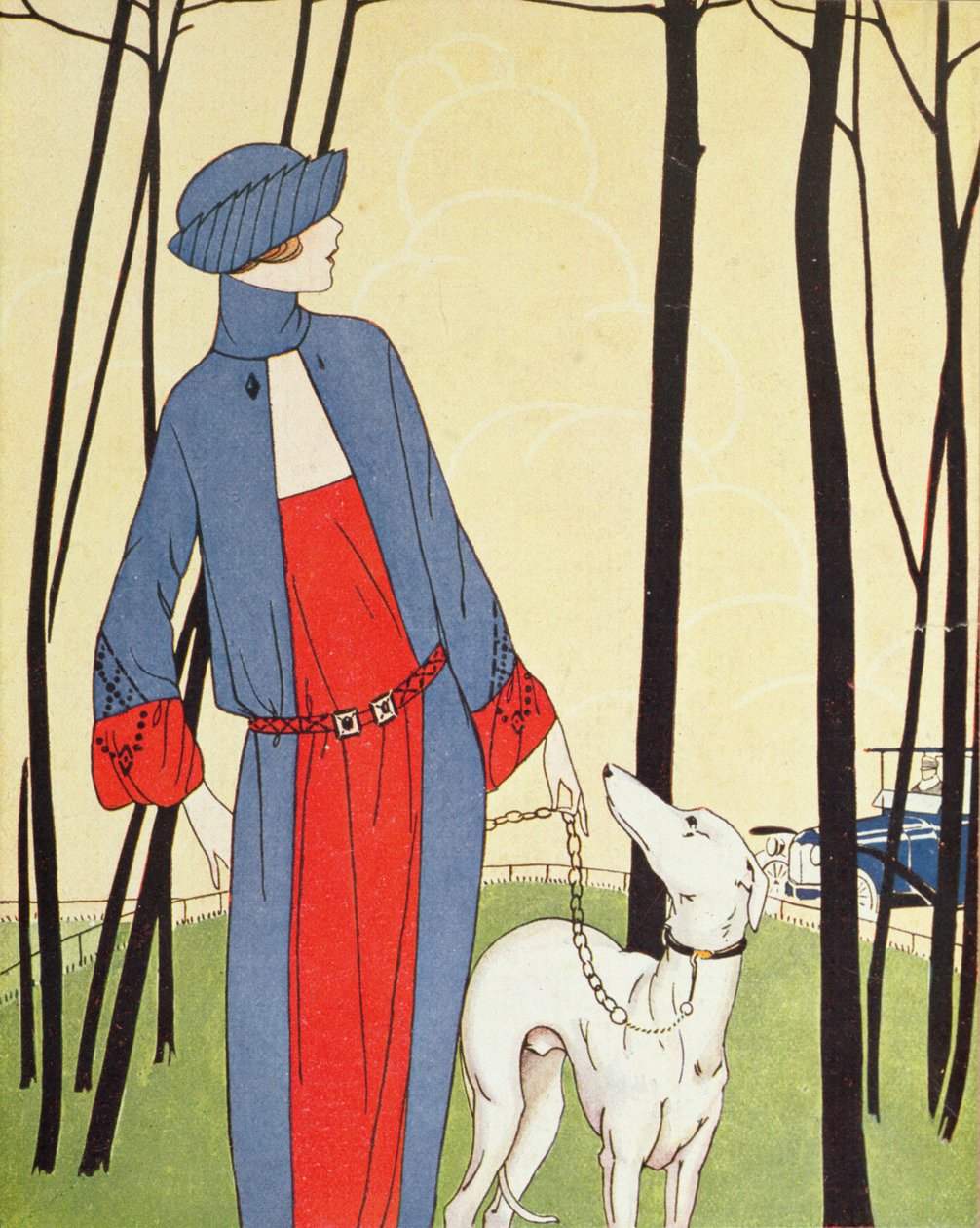 Promenad med hunden, ur "Art-Goût-Beauté", april 1921 (tryck) av French School