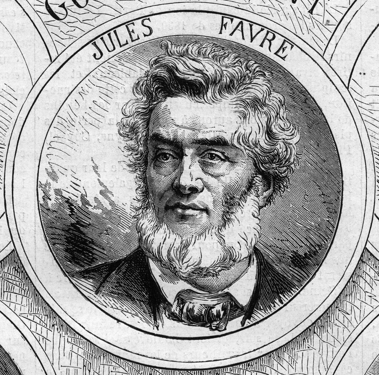 Kriget 1870 - Nationella försvarets regering: porträtt av Jules Favre (1809-1880), medlem av den provisoriska regeringen 1870. Gravyr i "" Le Monde Illustré"" nr 706 den 22 oktober av French School