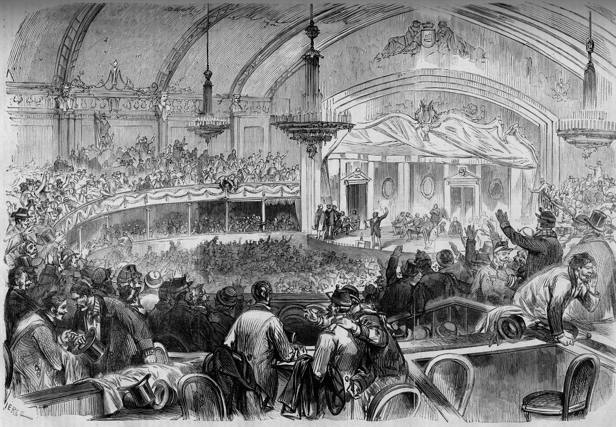 Kriget 1870 - val till lagstiftande under vapenstilleståndet - Februari 1871: valmöte på Cabaret des Folies Bergeres i Paris för proklamation av kandidater till nationalförsamlingen. Gravyr i "" Le Monde Illustré"" nr 722 av 11 februari 187 av French School