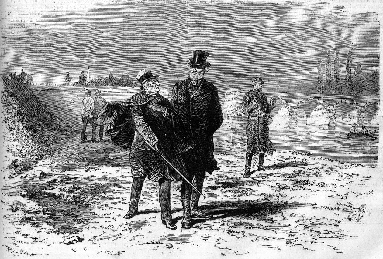 Kriget 1870: Intervju mellan Adolphe Thiers (1797-1877) och Jules Favre (1809-1880) som beslutade om sammanbrott i förhandlingarna om vapenstillestånd med Tyskland. Gravyr i "" Le Monde Illustré"" nr 709 av 12 november 1870. av French School