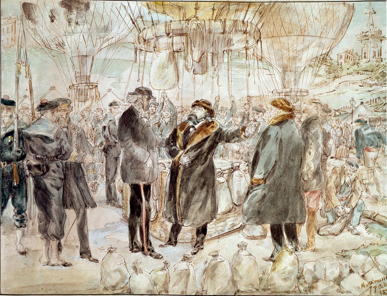 Kriget 1870: Leon Gambetta lämnar belägringen av Paris i en ballong (målning av French School