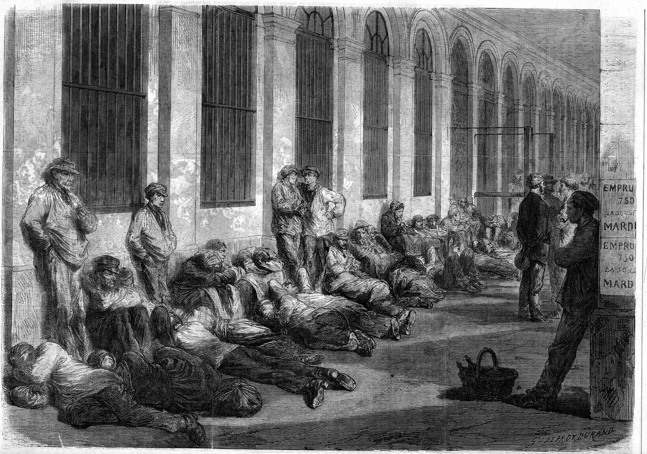 Kriget 1870: Parisare ställde upp framför finansministeriet för att teckna det nationella lånet för att finansiera kriget. Scen föreställande dagen innan fönstren öppnades av French School