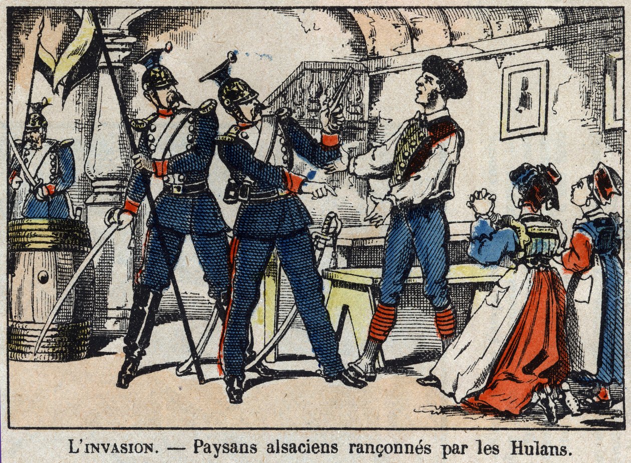 Kriget 1870 mellan Frankrike och Preussen: Elsassiska bönder urföljs av Hulans (Uhlans, Houlans) bild av Epinal. av French School