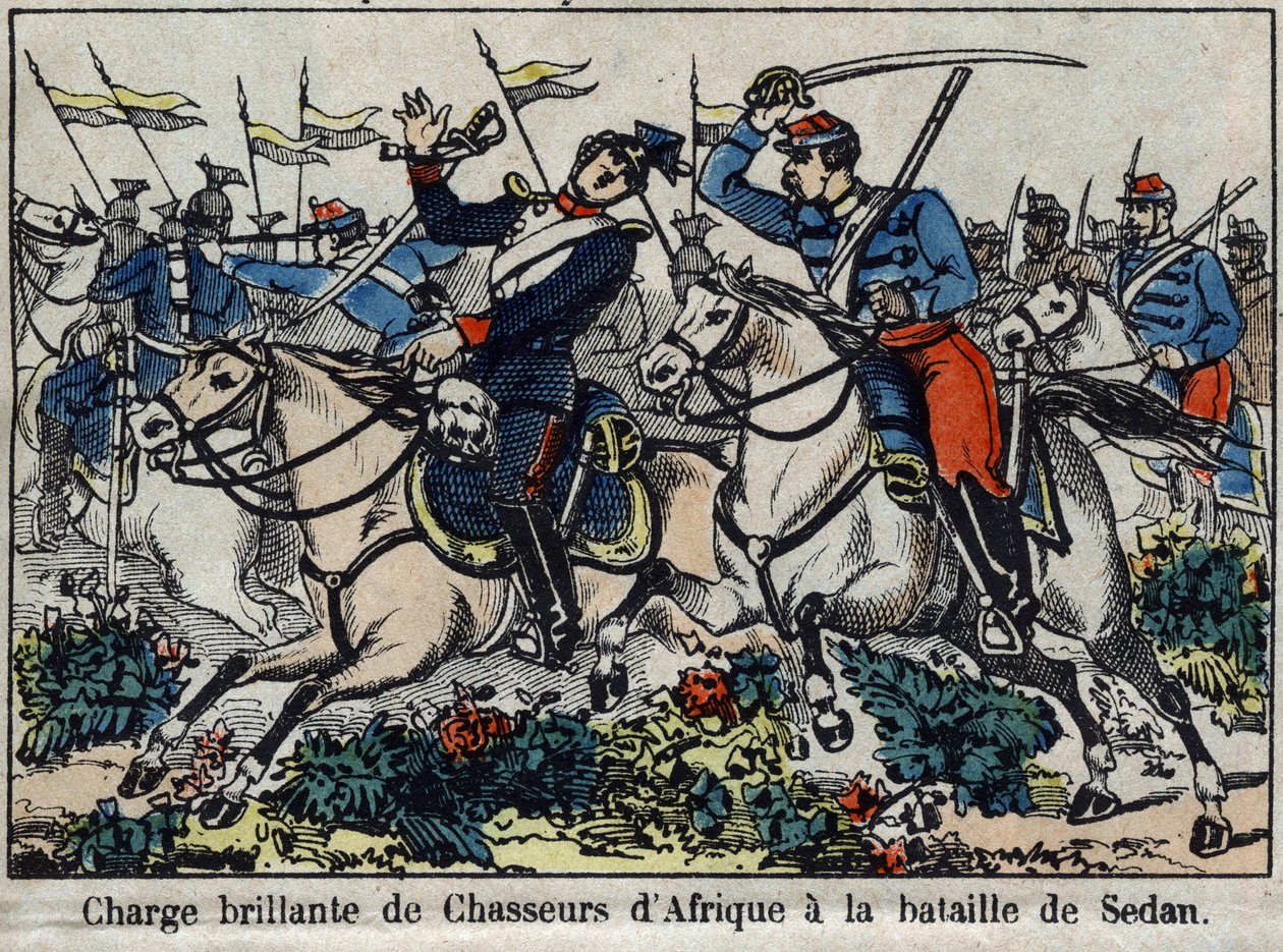 Kriget 1870 mellan Frankrike och Preussen: laddning av afrikanska jägare i slaget vid Sedan 1870. Bild av Epinal. av French School