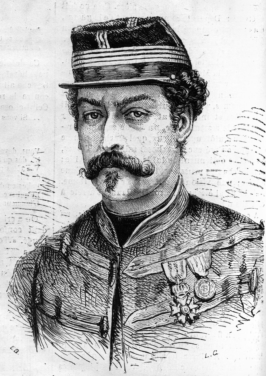 Kriget 1870: porträtt av Leon Franchetti (1834-1870), fransk soldat, befälhavare för Seine-scouterna. Gravyr i "" Le Monde Illustré"" nr 714 av 17 december 1870. av French School