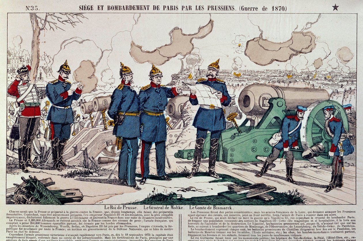 Kriget 1870: Preussarna belägrar och bombarderar staden Paris. Den preussiske kungen Vilhelm I (1797-1888), general Moltke (1800-1891) och förbundskansler Otto von Bismarck (1815-1898) tog råd. Gravyr från 1870. Paris, Musee Carnavalet av French School