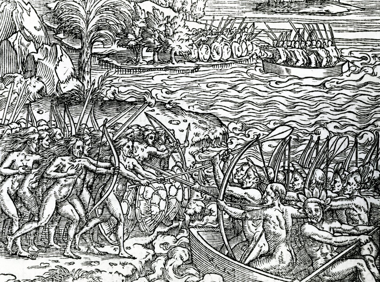 Krigsscen, Brasilien, illustration från "Singularities of France Antarctique", av Andre de Thevet, 1558 av French School