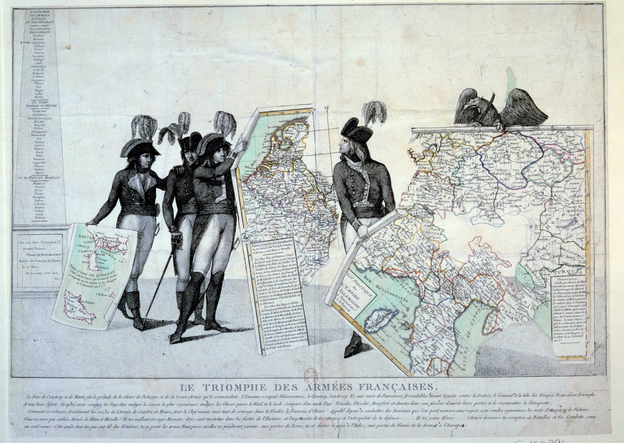 Revolutionens krig: General Napoleon Bonaparte (1769-1821) håller en karta över Italien (vid tiden för den italienska kampanjen) för att slutföra pusslet med de territorier som Frankrike erövrade. Till vänster troligen generalerna Hoche, Pichegru och Jean  av French School
