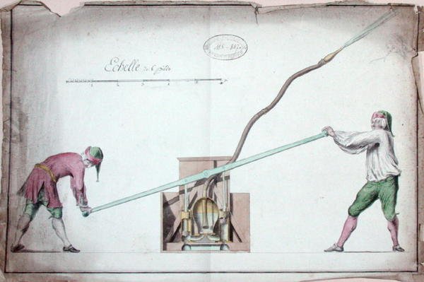 Vattenpump för släckning av bränder, mitten av 1700-talet (akvarell på papper) av French School