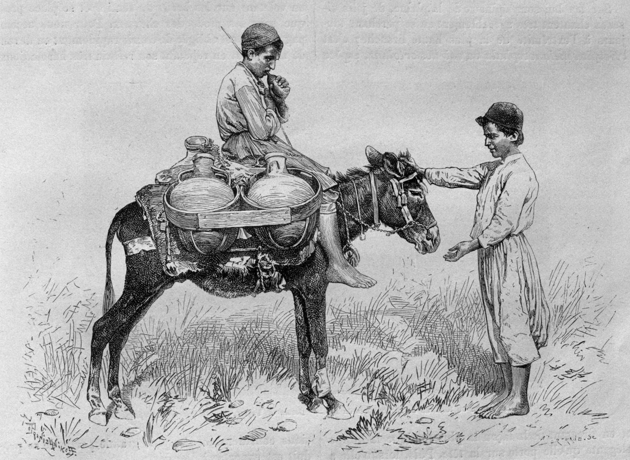 Vattenbärare, från Syrien idag. Reser i Fenicien, Libanon och Judéen. 1875-1880 av Louis Charles Emile Lortet, 1884 (bw gravyr) av French School