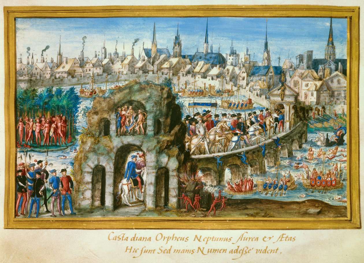Vattenspel som anordnades av staden Rouen i samband med kung Henrik II:s (1519-1559) och Katarina de Medicis (Caterina de Medici) (1519-1589) kungliga intåg den 1/10/1550. Rekonstruktion till vänster av en indianby i Brasilien. Miniatyr av av French School