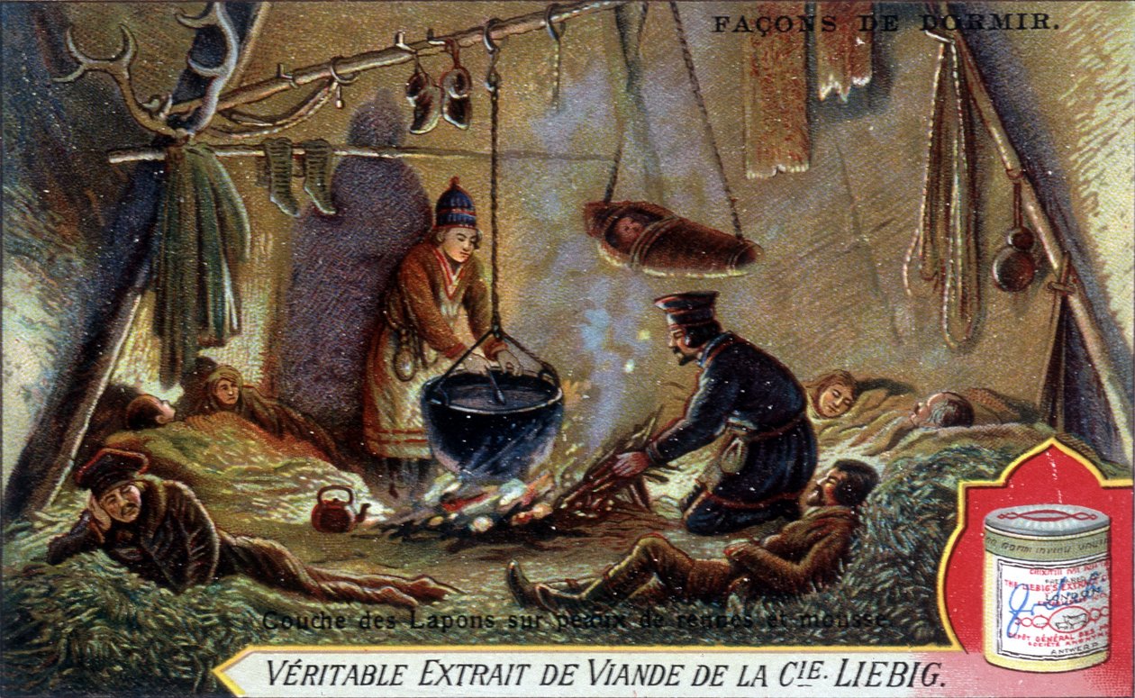 Sätt att sova: Varvlager på renskinn och skum. Kromolitografiförpackning Liebig. av French School