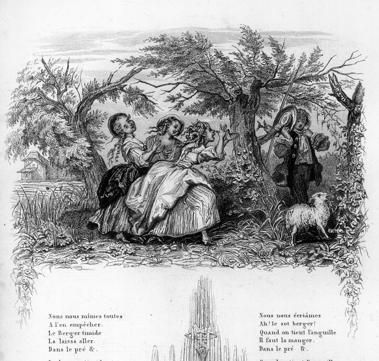 Vi var tre tjejer. Tre flickor som leker med en herde och gör honom obekväm. Gravyr i "" Chants et chansons populaire de la France", Tome 2 av French School