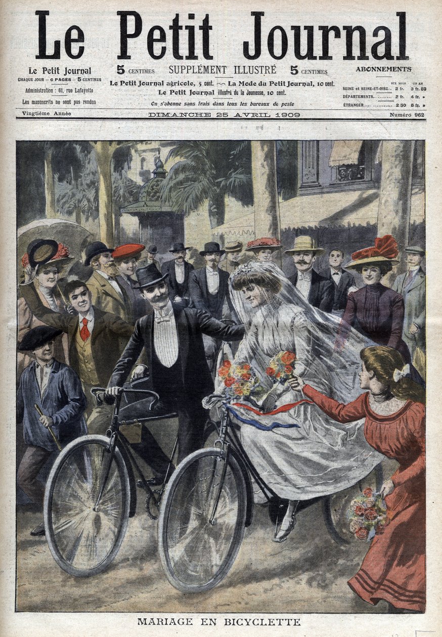 Bröllop på cykel på innergården till stadshuset i Nice, i "Le Petit Journal" den 25 april 1909 (gravyr) av French School