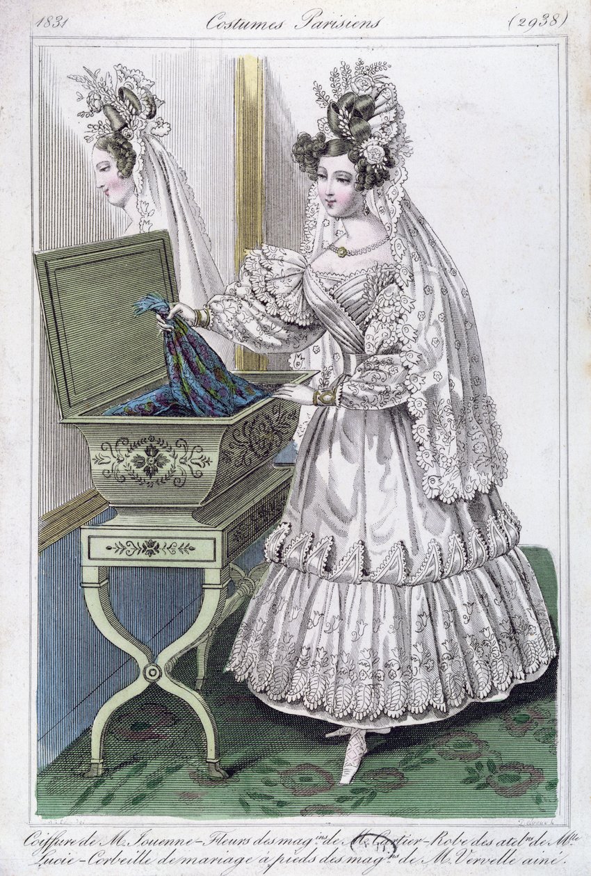 Bröllopsklänning, modetallrik från Costumes Parisiens, 1831 av French School