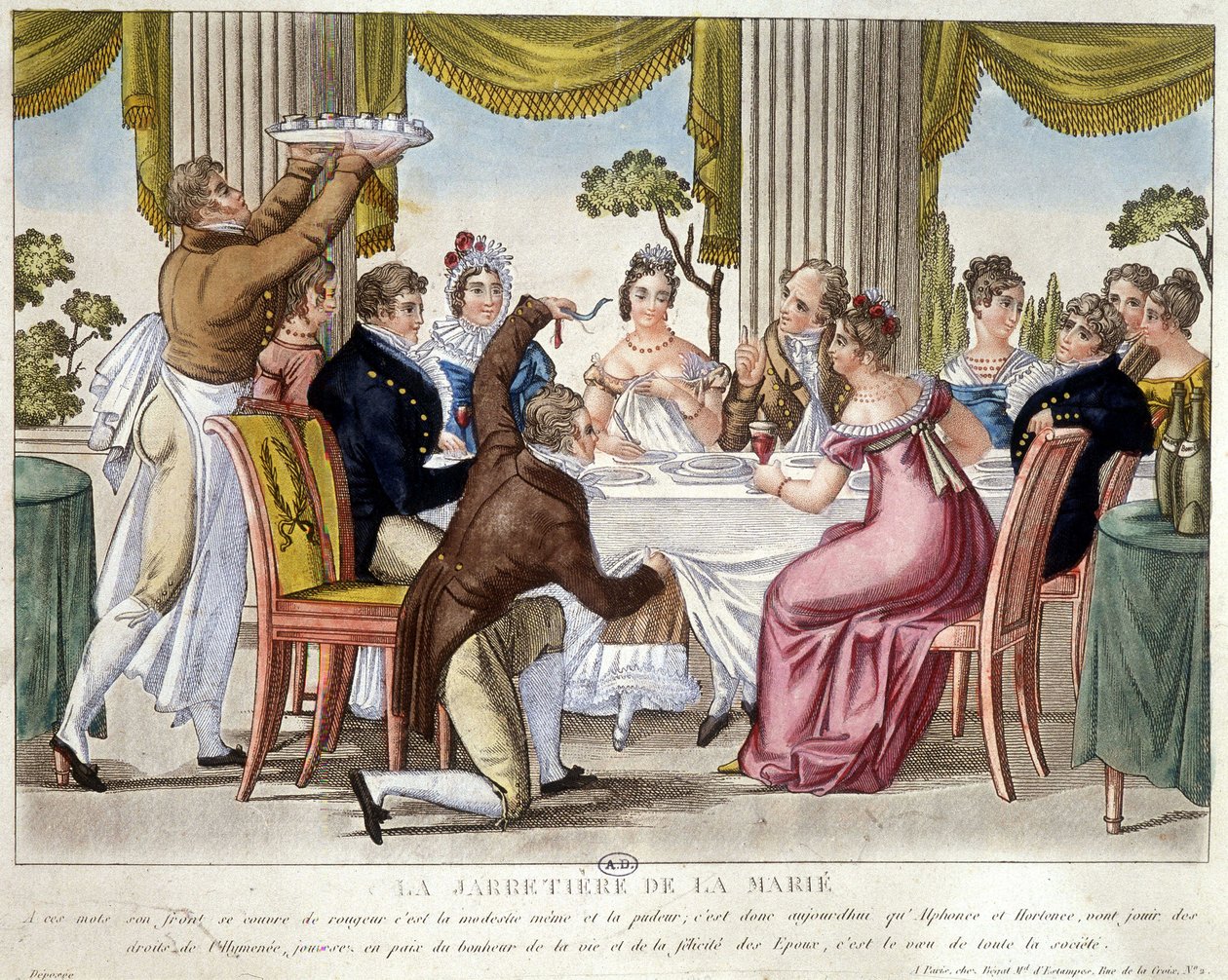 Bröllopsmåltid, strumpebandsritual - c. 1812. av French School