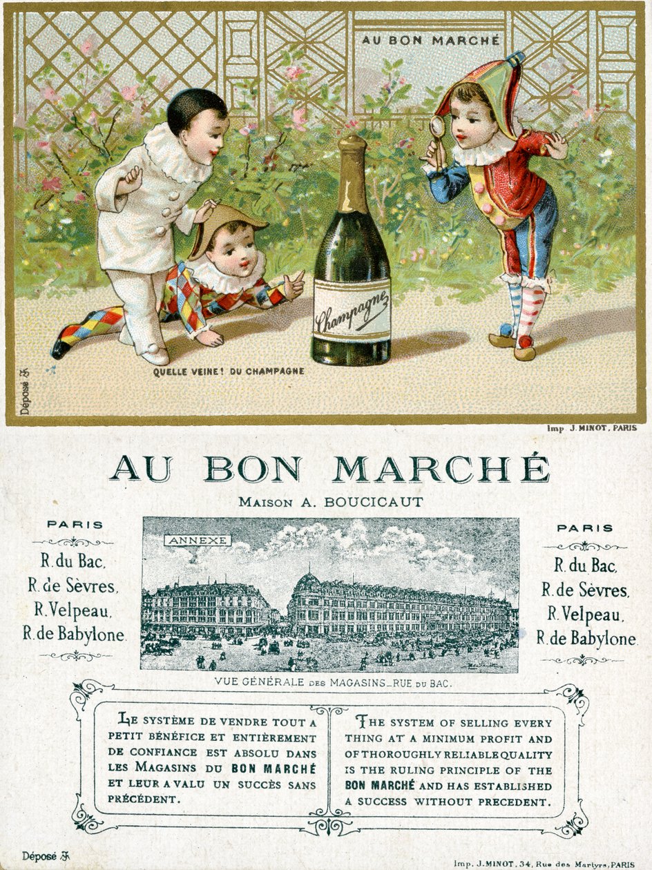 Vilken tur! en flaska champagne; fram- och baksidan av ett reklamkort för Bon Marché-varuhusen i Paris, ca 1895 av French School
