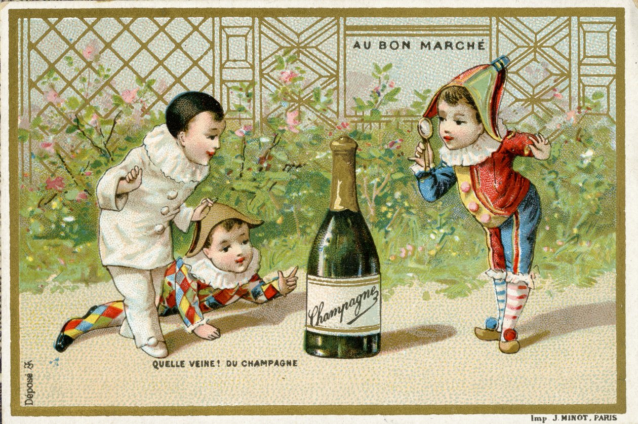 Vilken tur! en flaska champagne, reklamkort för det parisiska varuhuset Au Bon Marché, ca 1895 (se även 488428) av French School