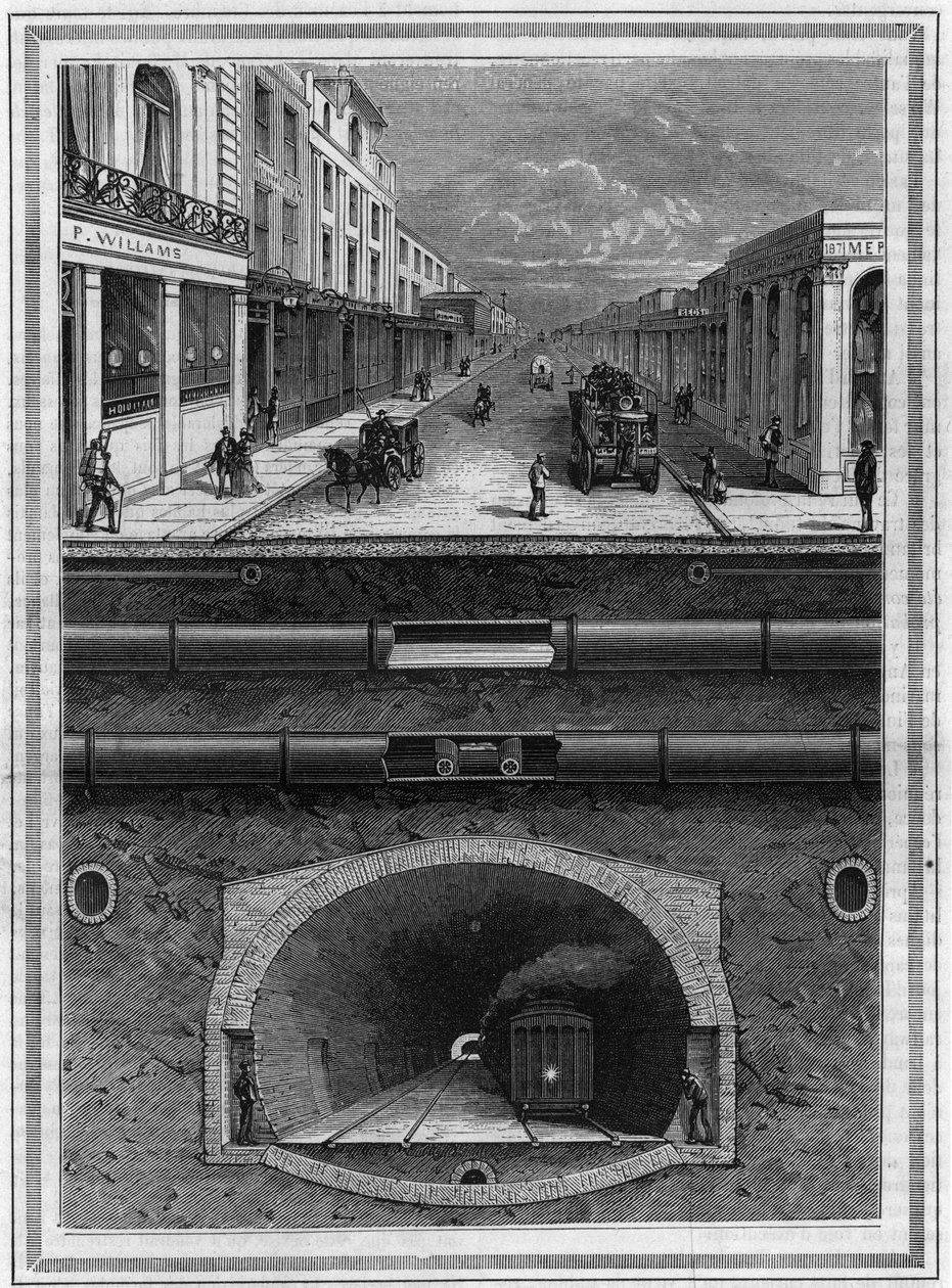 Vad finns under London (Storbritannien): Gasledning, vattenrör, pneumatiskt rör för avfall, avlopp, tunnel och järnväg för storstadsområden. Gravyr i "" La Nature. Revue des sciences et de ses applications aux arts et à l