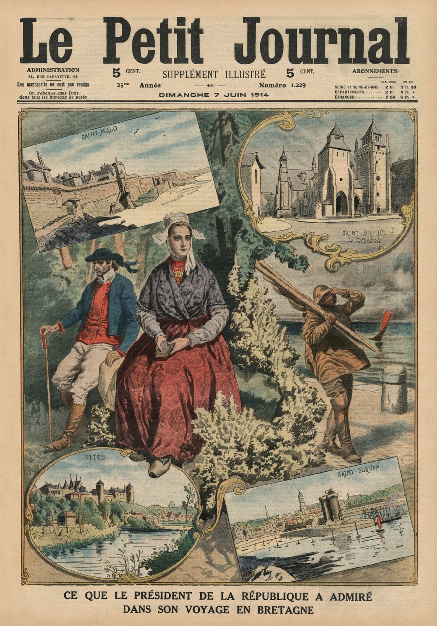 Vad republikens president har beundrat under sin resa i Bretagne, illustration på omslaget från "Le Petit Journal", supplement illustre, 7 juni 1914. av French School