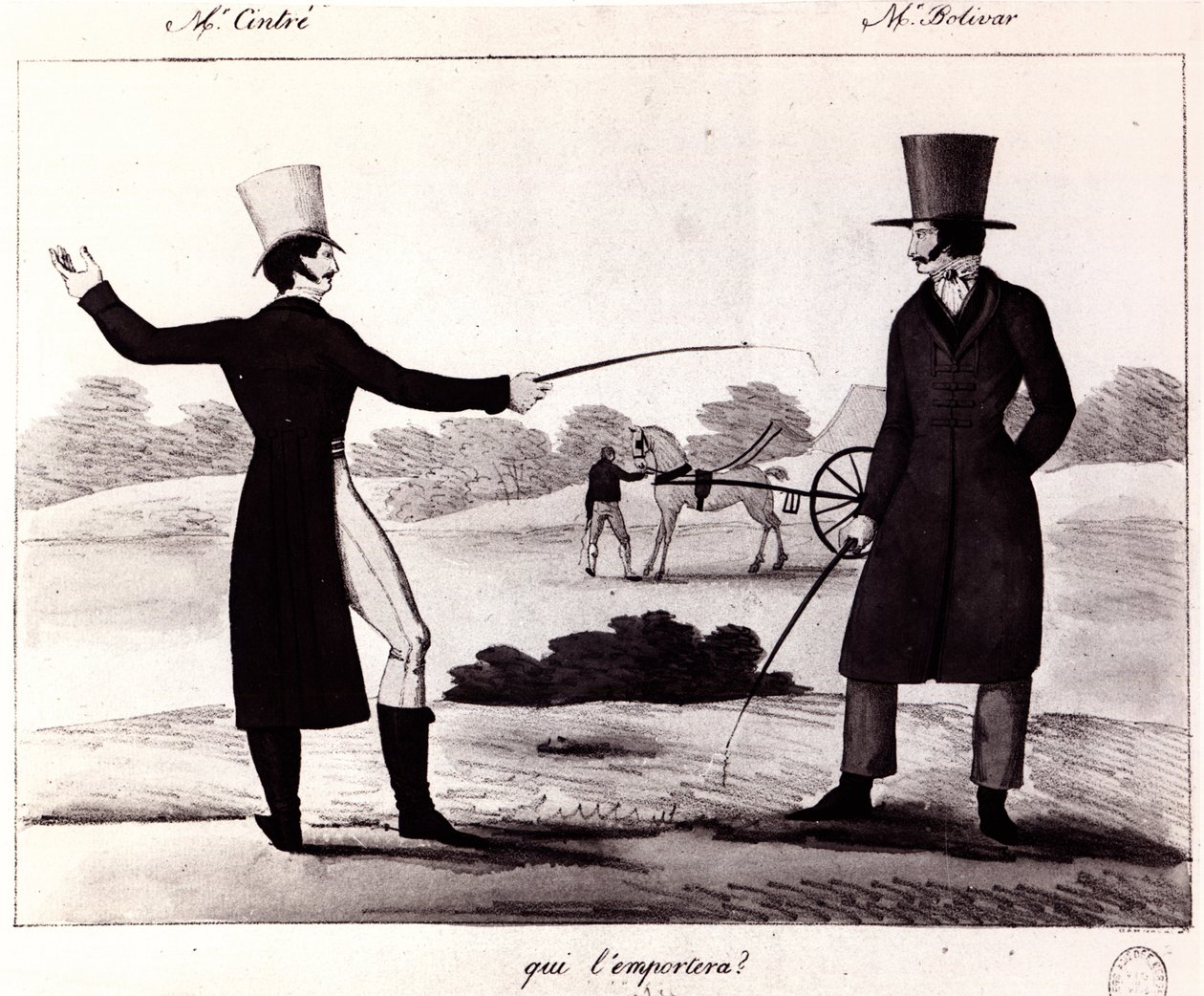 Vem kommer att vinna? Scen från duellen mellan M. Cintre och M. Bolivar, ca 1820 av French School