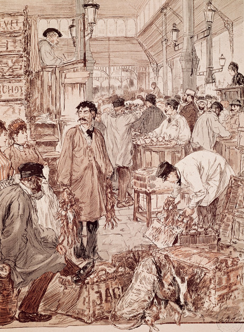 Vildauktion på Les Halles, illustration, Paris, Frankrike av French School