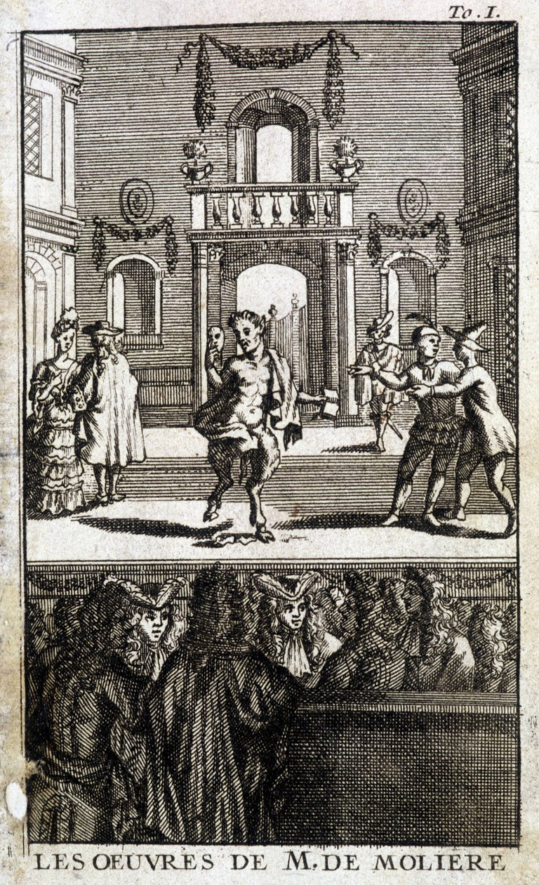 Vilda djur och karaktärer på scen med allmänheten - i "The Works of M. de Molière"" av French School