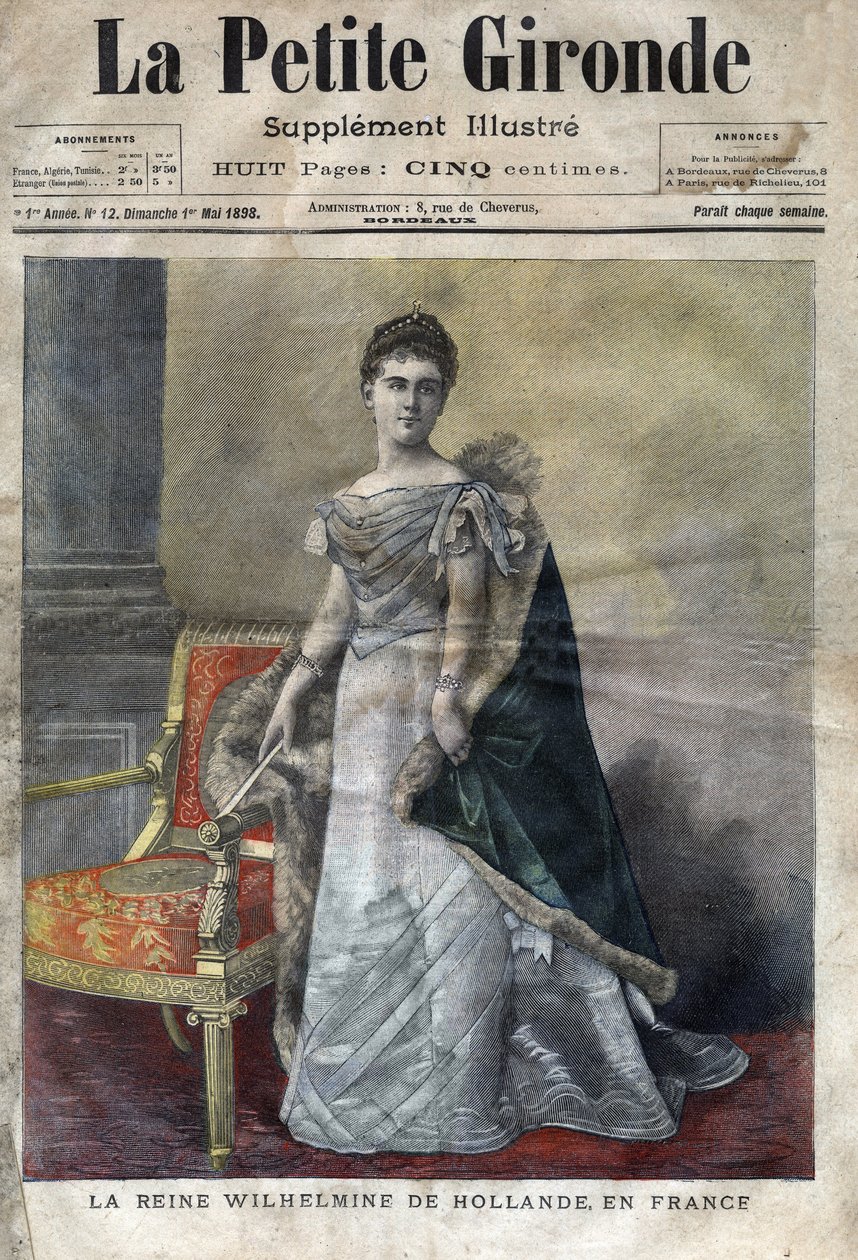 Wilhelmine av Orange-Nassau (1880-1962), drottning av Nederländerna från 1890 till 1948, dotter till Vilhelm III, hon abdikerade till förmån för sin dotter Juliana. Omslag till "La petite Gironde" från maj 1898 (gravyr) av French School