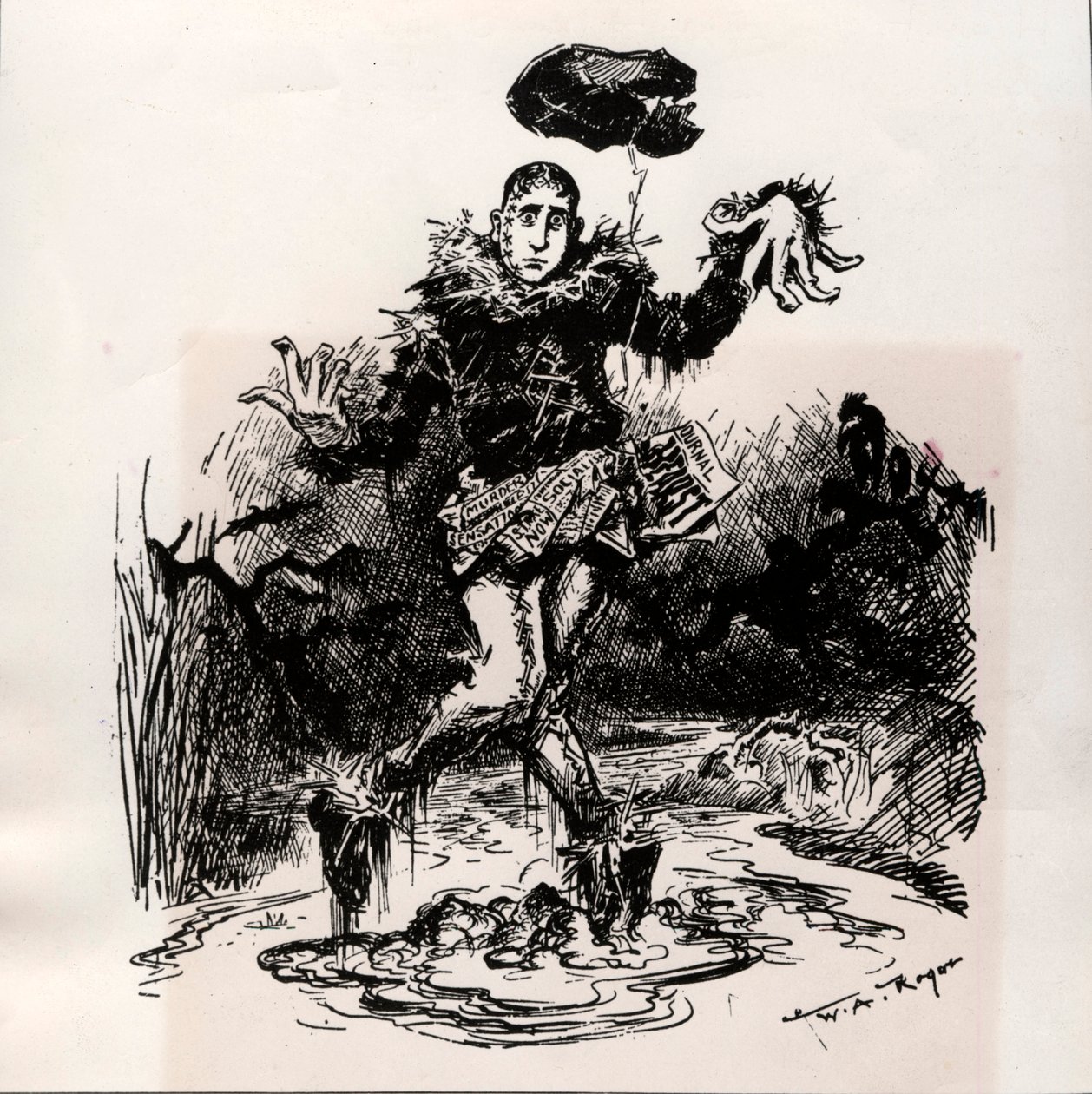 William Hearst, pressjournalist med sensation, representerad som fågelskrämma i leran - Caricature of Harper